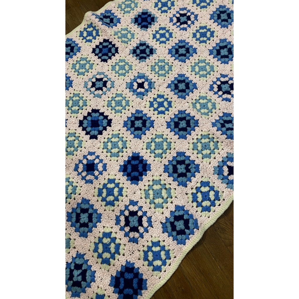Vintage Handmade Blue Pink Crochet Afghan Granny Square Baby Blanket 44 x 64